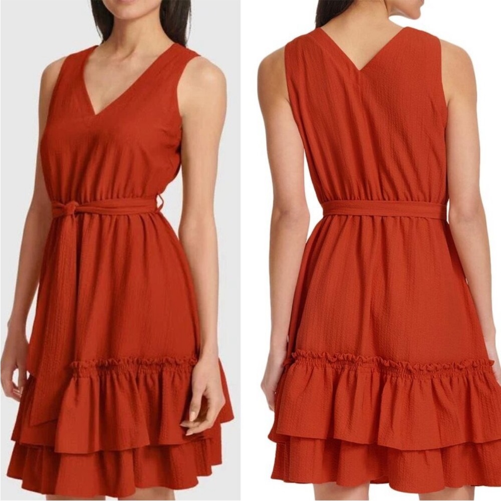 Calvin Klein Orange V Neck Ruffle Dress